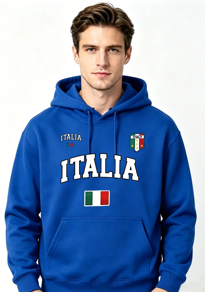 Men's Italy Flag Shield Bold ITALY Letter Print Hoodie Grey Casual Pullover Front Pocket Ribbed Cuffs Comfort Fit Urban Fashion