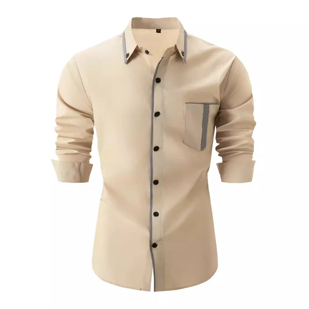 

Men's long sleeve shirt pocket color matching button dress shirt casual loose solid color high quality fashion men's wear