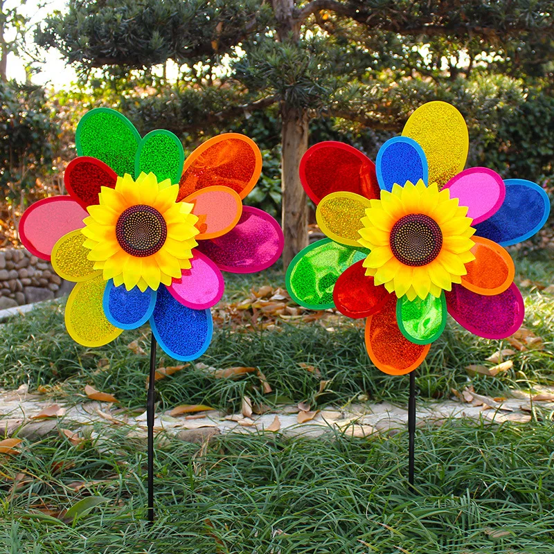 Double-layer Sunflower-shape Windmill Layout Pinwheels Colorful Sequin Windmill For Home Yard Garden Park Outdoor Decoration