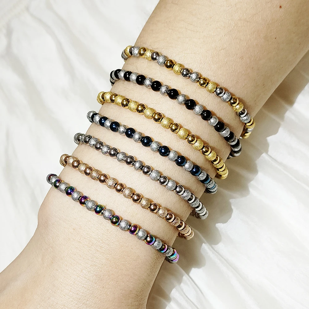 Metal Stainless Steel Waterproof Jewelry Women\'s High Quality 18K Gold Charm Sand Ball Shiny Beads Mixed Color Elastic Bracelets
