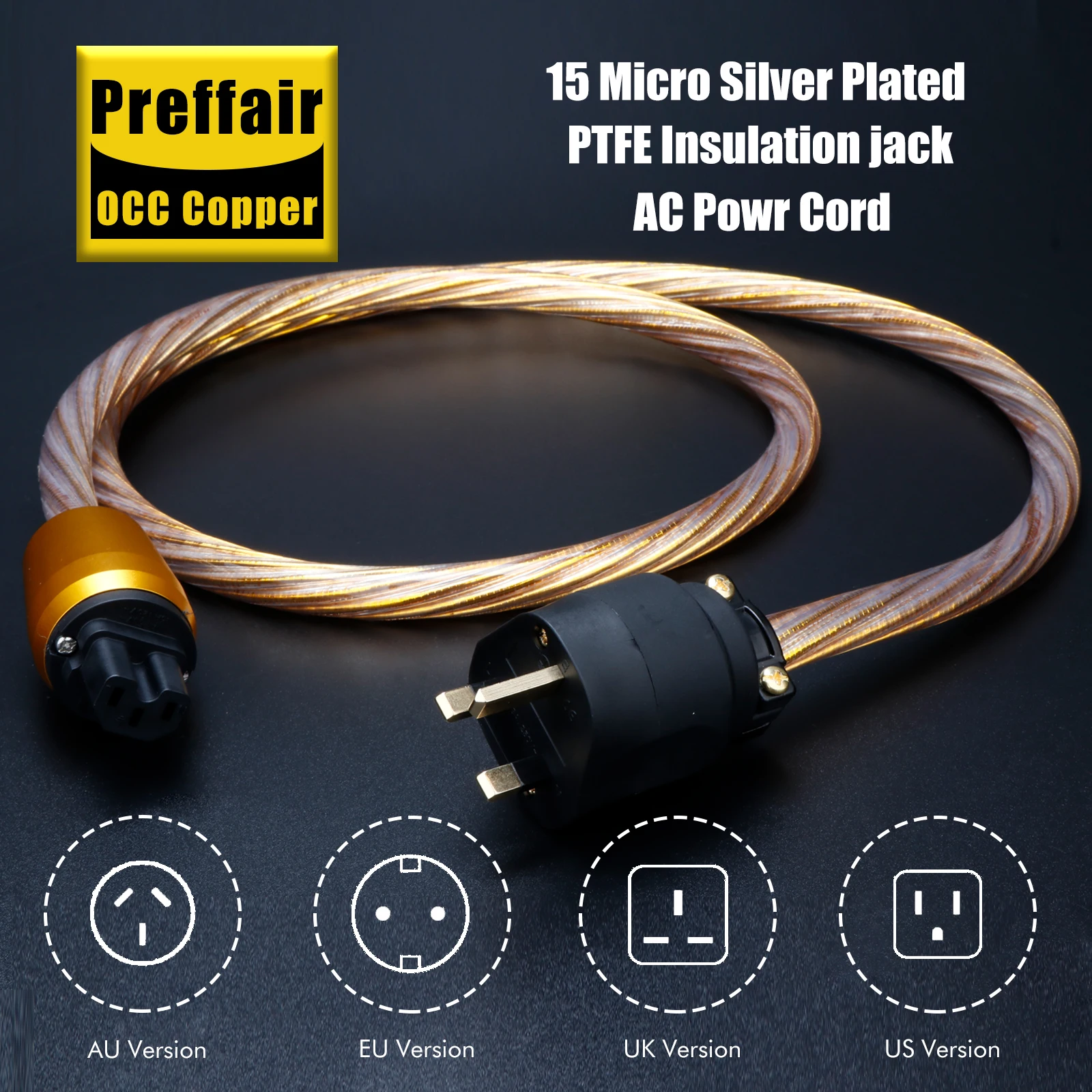 Audiofiele voedingskabel Goud OCC Verzilverd netsnoer 12AWG voor Versterker IEC 320 C15 Audio EU/US/AU Versie Power Draad