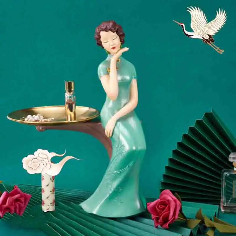 

Chinese Female Cheongsam Girl Storage Tray Resin Ornament Birthday Gift Home Livingroom Coffee Table Figurines Decoration Crafts
