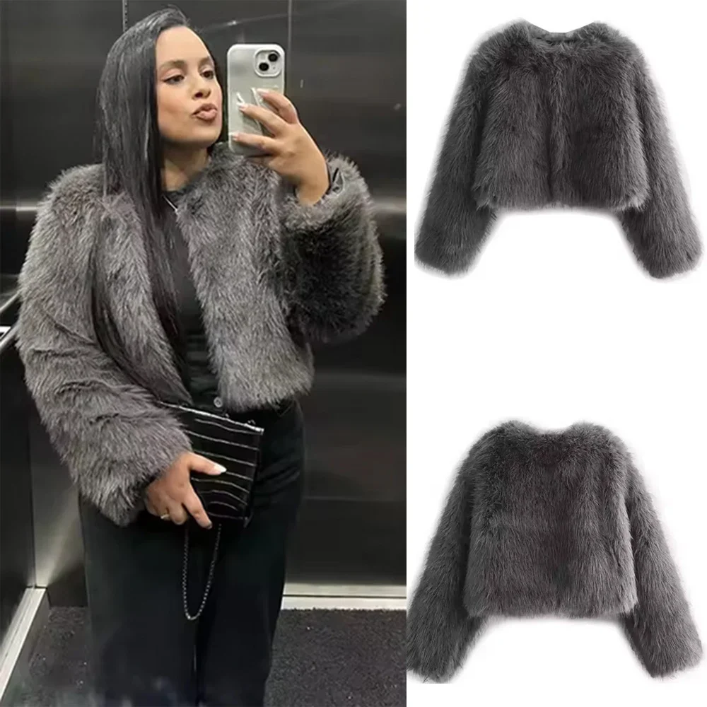 

Autumn Winter Women's Faux Fur Jacket Loose Casual Fashion Thick Warm Faux Fur Coat O Neck Long Sleeve Female Outerwear Chic Top