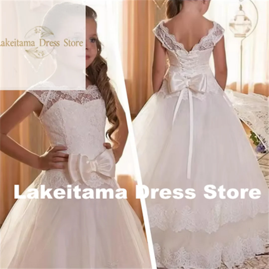 

Customization Girls Backless Tulle First Communion Gown Lace Appliques Bow for Long Flower Gir Dresses Wedding Party Birthday