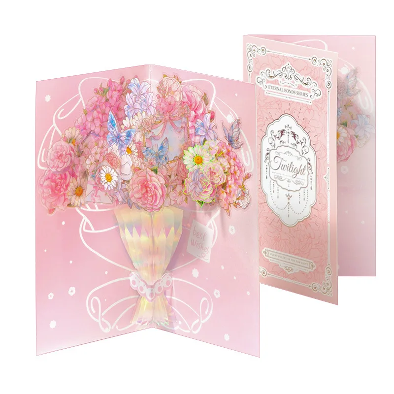 

3D Pop-up Flower Bouquet Greeting Card English Inside Cover Stamped Silver Holiday Bouquet Greeting Card