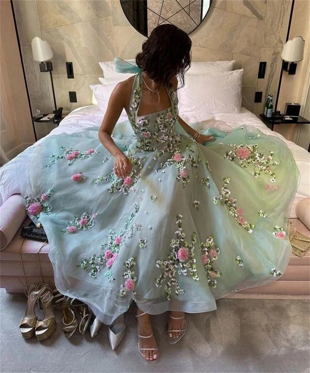 Vestido de noche informal con bordado de flores de Organza, vestido de fiesta de Navidad, Halter a medida, vestidos largos para ocasiones