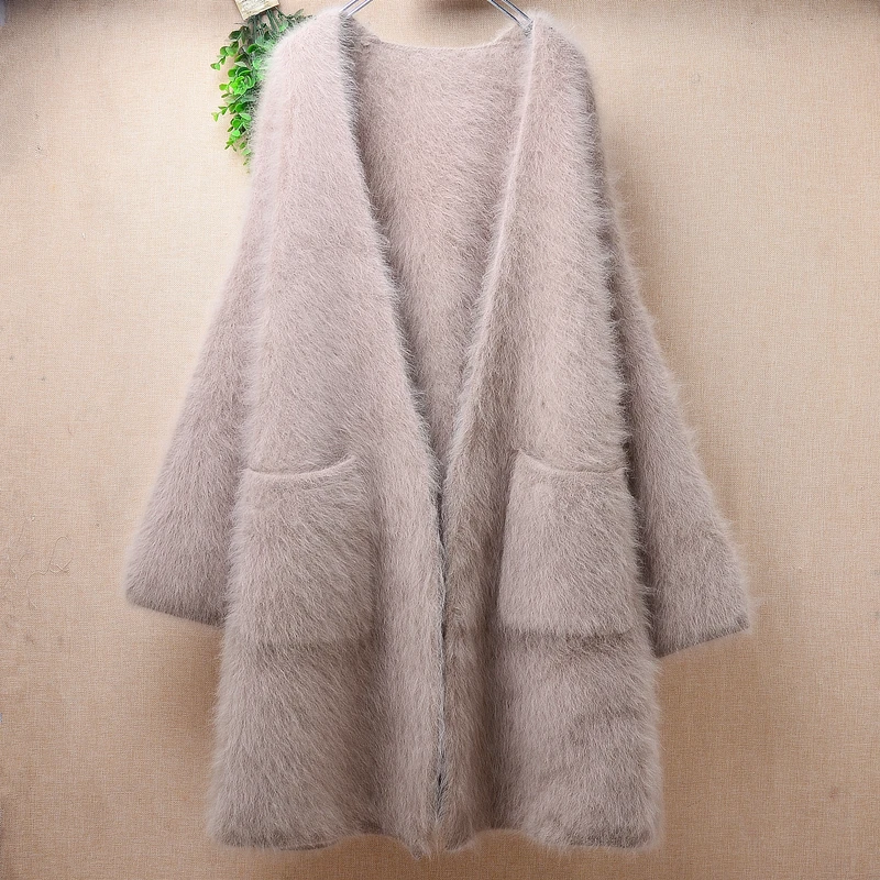 Ladies Women Fall Winter Clothing Hairy Plush Mink Cashmere Knitted Long Sleeves Loose Cardigan Mantle Angora Fur Sweater Jacket