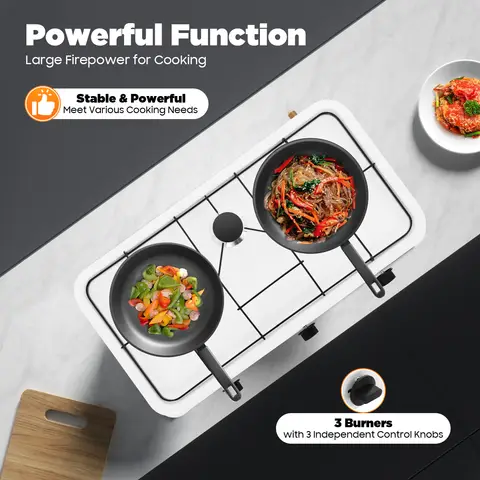3 Burner Gas Cooktop Gas Stove LPG Powered with Precise Control Knobs for Boiling to Simmering, Efficient Kitchen Assistant