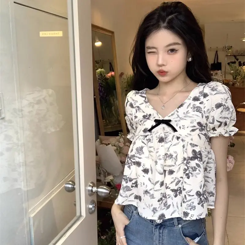 Blouses Women Flowers Folds Simple Daily Sweet Graceful Vintage Korean Style Charming Delicate Ladies Spring All-match Basics