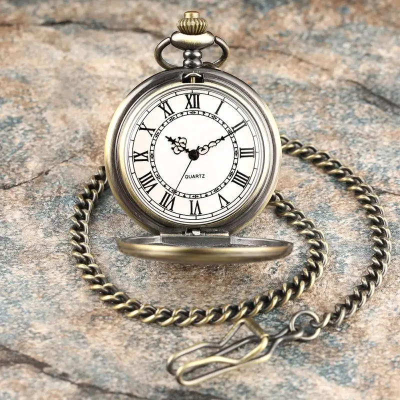 Steampunk Engraved Shield Case Men Women Quartz Analog Pocket Watch Roman Numeral Display with Pendant Fob Chain Gift