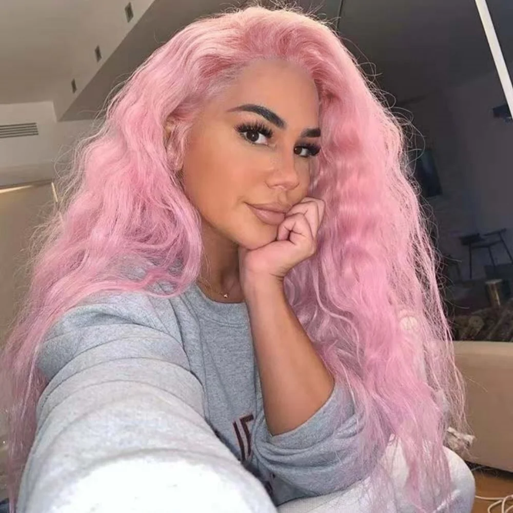 Light Pink Wig Deep Curly Synthetic Lace Front Wig Glueless Frontal Pastel Long Pink Hair Lace Wigs for Women Party Cosplay