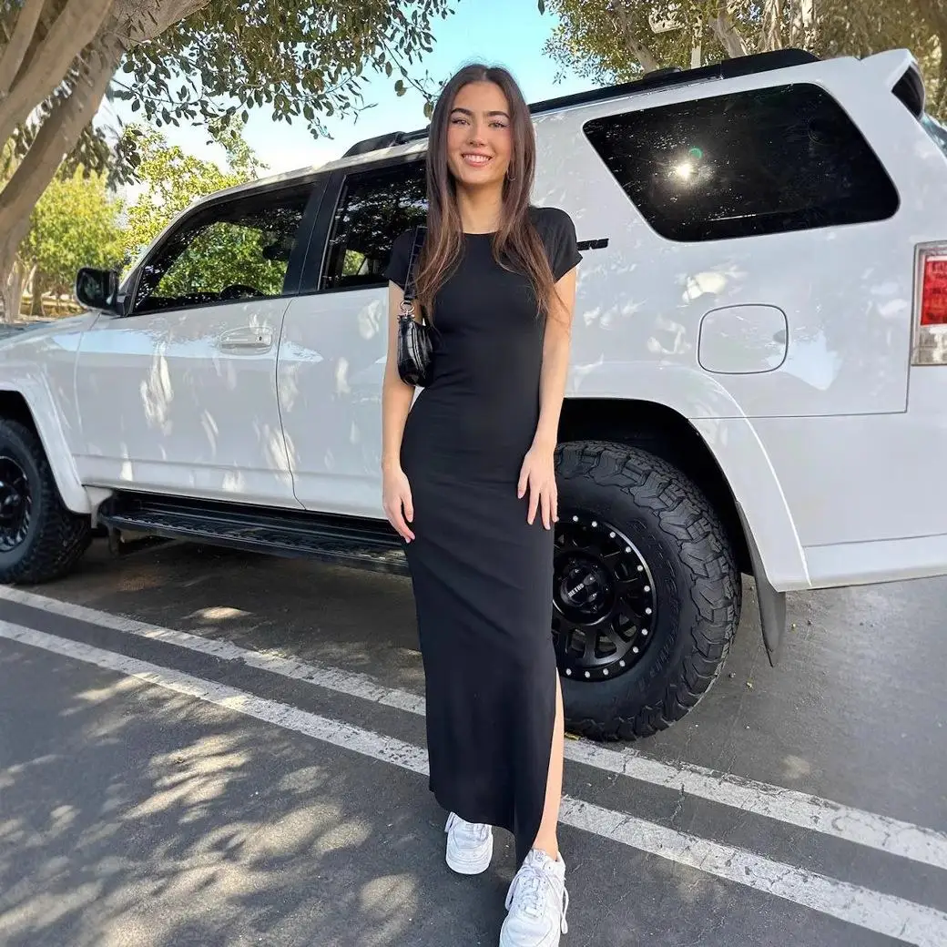 Ele Bal fente minceur mi-longue t-shirt jupe femme taille haute fibre de Polyester ort Sve rond Ne décontracté Dr