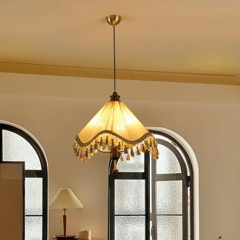 Retro Fabric Patterned Pendant Lights Tassel Ceiling Chandeliers Decoration Bedroom Living Room Dining Table Led Hanging Lamps