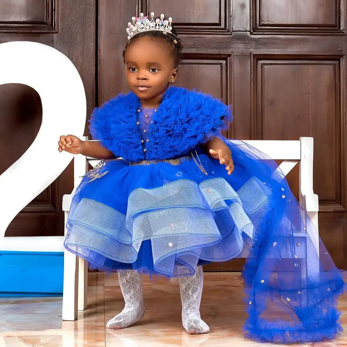 Cswdocy Royal Blue Flower Girl Dress Train Wedding Beaded Party Princess Holy Boho Tulle Baby Birthday First Communion Dress2027
