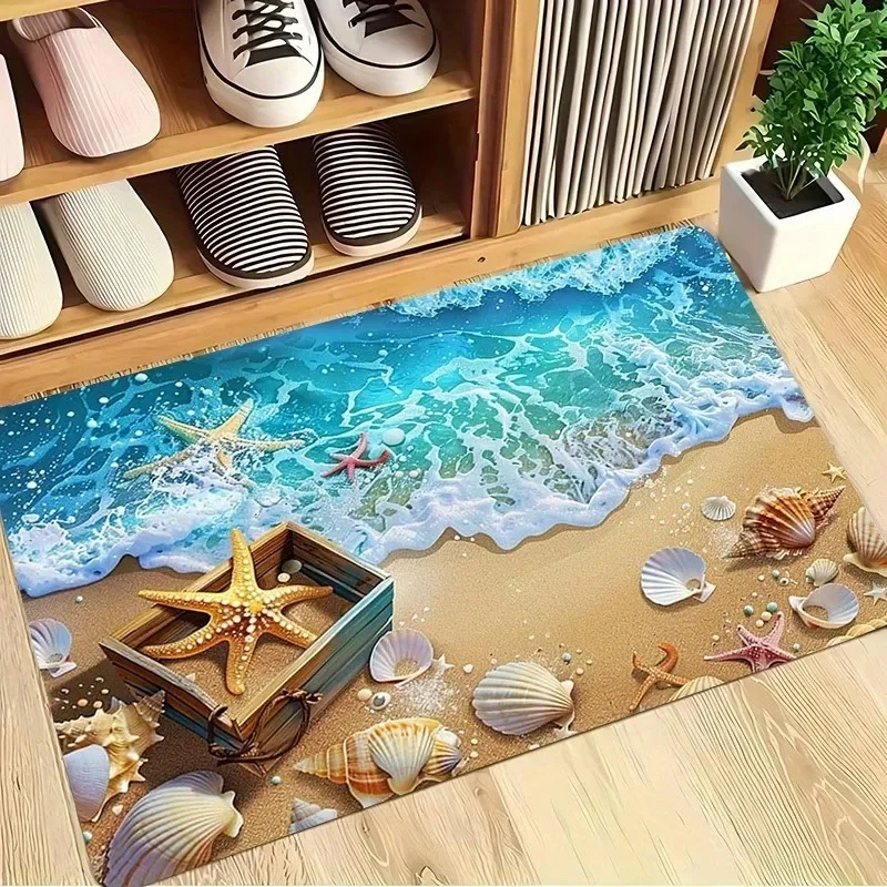 Coastal Beach Ocean Wave Doormat Seashell Starfish Front Door Mat Realistic Nautical Entryway Rug Summer Home Floor Carpet