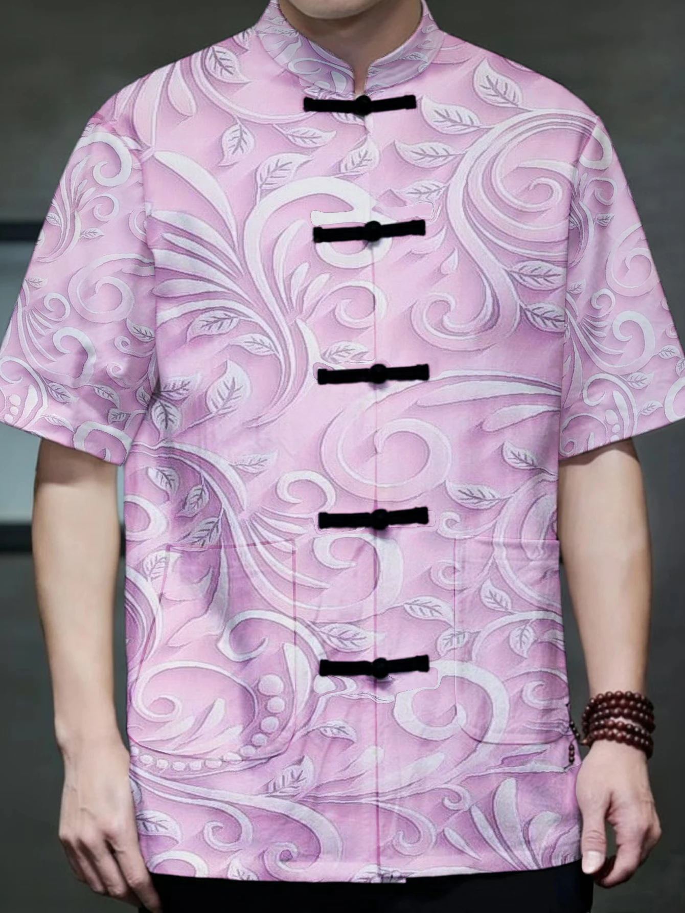 Men Men Mandarin Collar Frog Button Short Sleeve Shirt Dragon Scroll Floral Wave Art Print Traditional Top - Aliexpress Deal