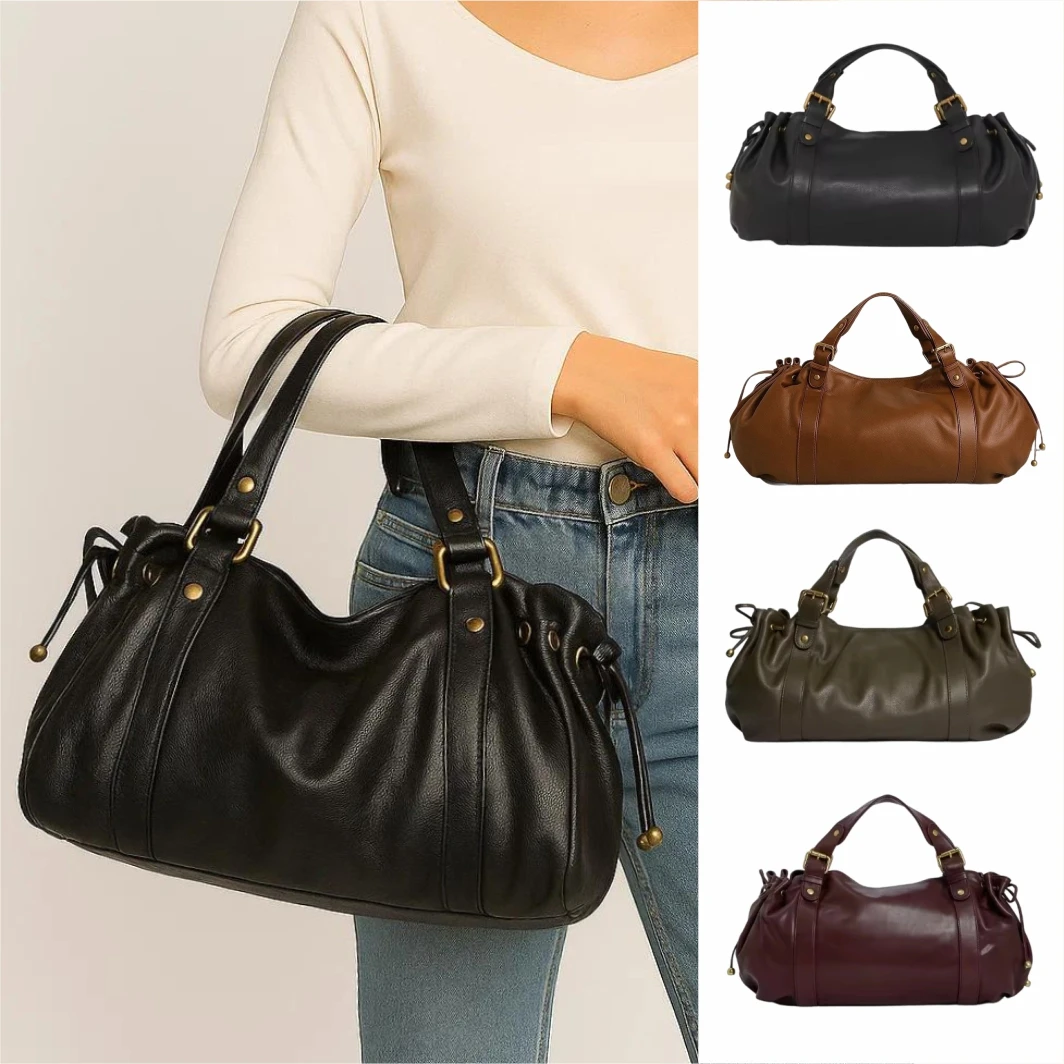 

Luxury Design Large Capacity Textured Soft Crinkled Leather Tote Bag for Women Vintage Commuter Shoulder Purse