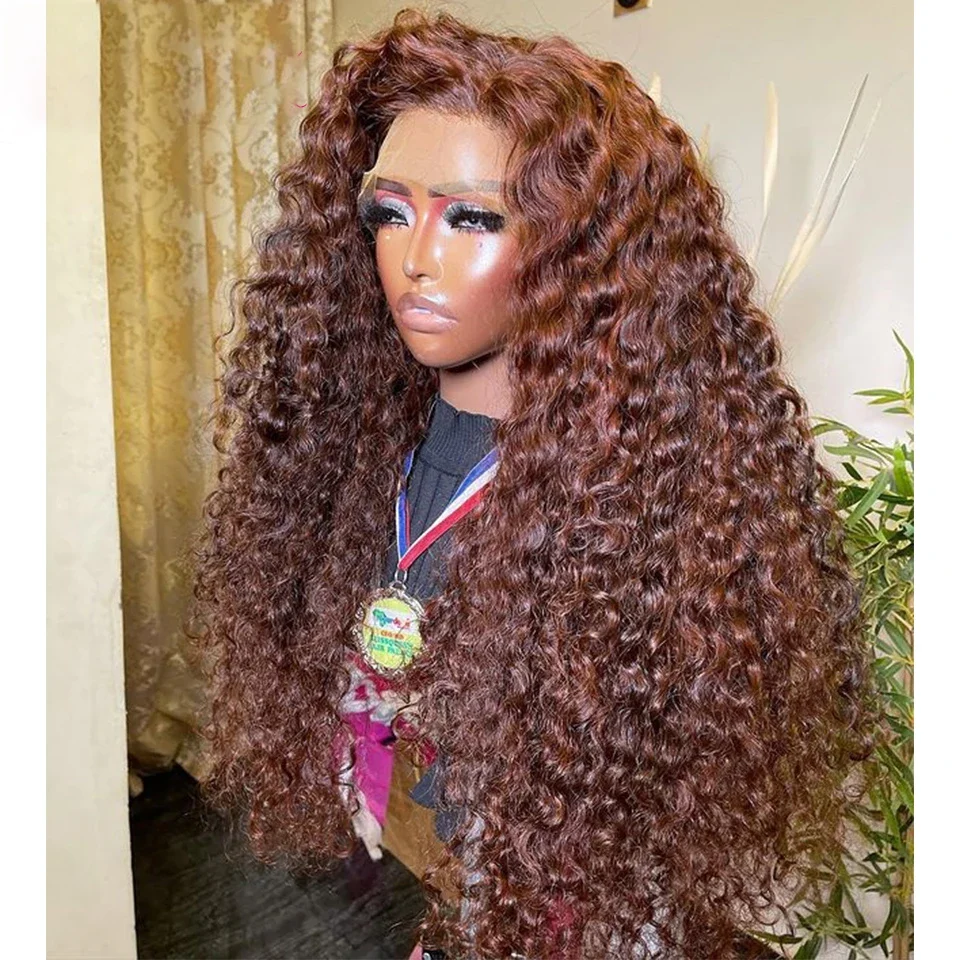 طويل 26 بوصة لينة غلويليس 180 الكثافة بني داكن غريب مجعد عميق الدانتيل شعر مستعار أمامي للنساء مع شعر الطفل قبل قطعها يوميا