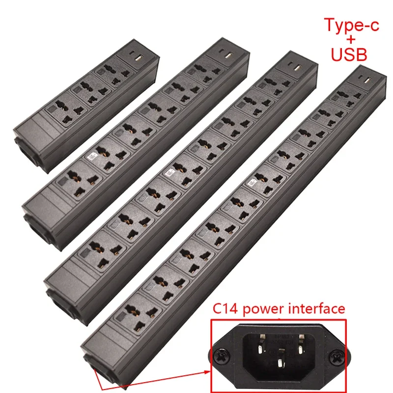 Aluminum Alloy Power Strip Type-C USB 2-12Ways Universal Sockets Outlets Extension Electrica IEC C14 Interface NO Switch