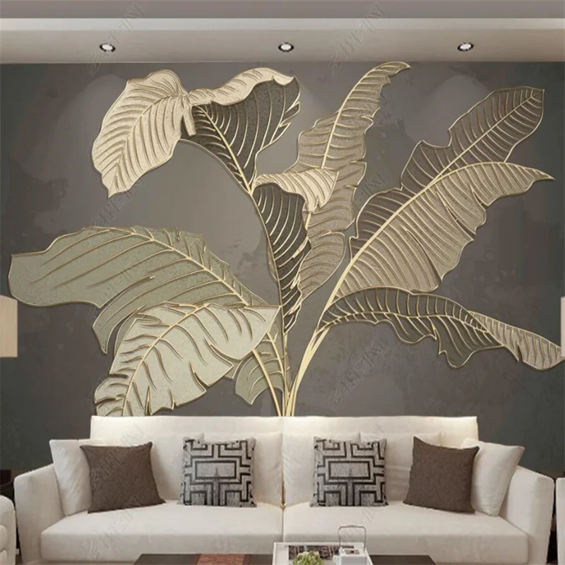 

Bedroom Decor 3D Wall Paper Hand-painted Tropical Banana Leaf Custom Wallpaper Simple Golden Embossed Line Home Decor Mural