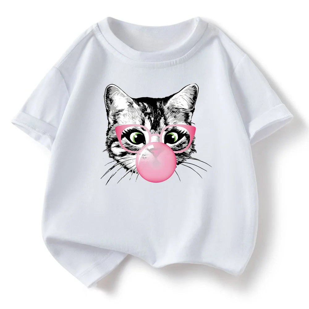 

Summer Children's T-shirt Loose Comfortable Soft Skin Friendly Fashionable and Versatile Cute Cat Printed Short Sleeved Top