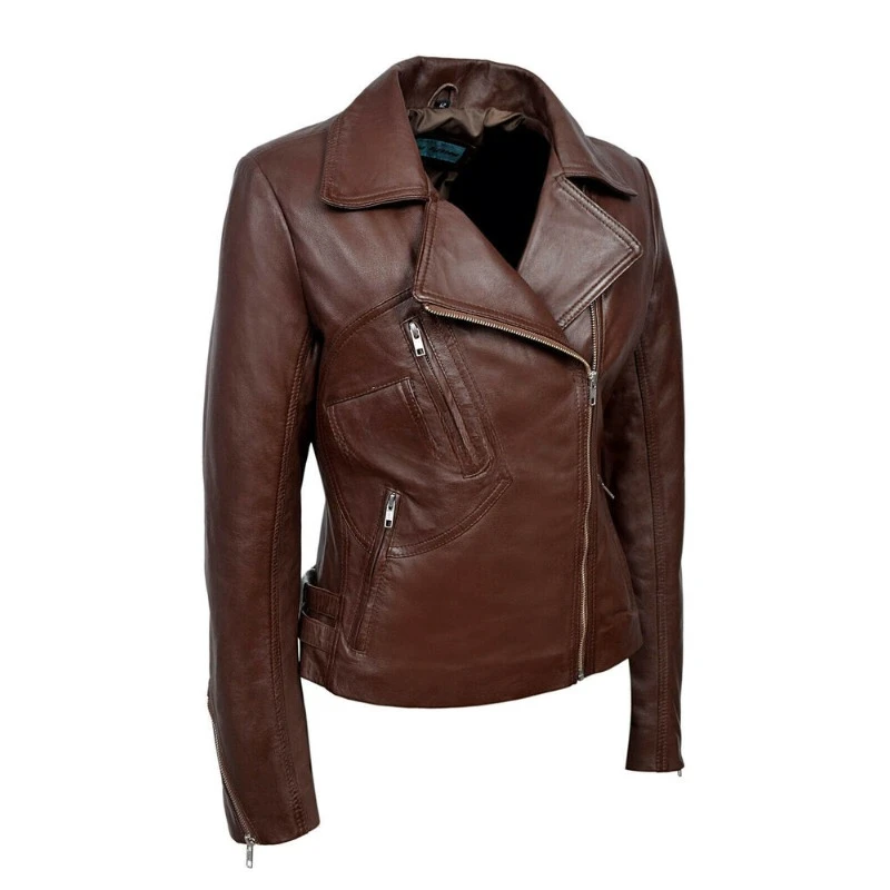 Urban Racer Ladies Brown Genuine Sheepskin 100% Leather Jacket Motorcycle Zipper