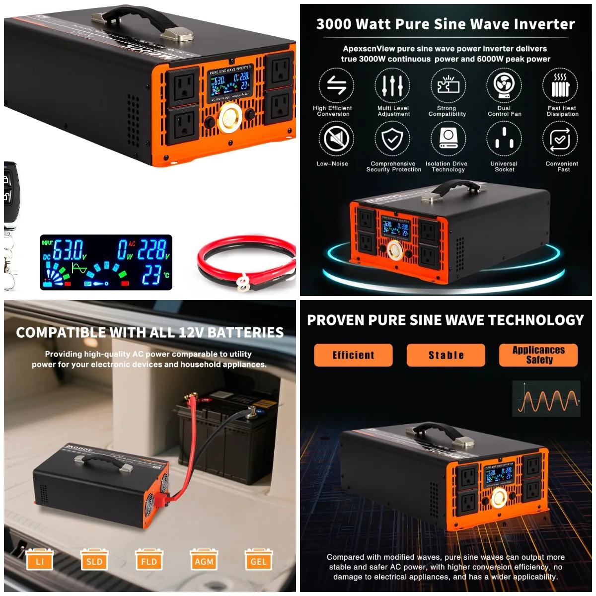 

3000W Pure Sine Wave Inverter 12V to 110V/120V AC with LCD, 4 Outlets, Remote Control, LED Light for RV/Home (12V, 3000W)