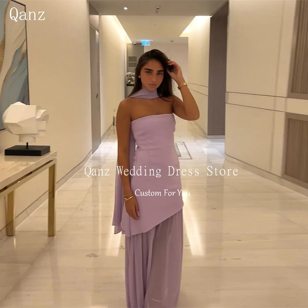

Qanz Lilac Evening Dresses Strapless Ribbons Satin And Chiffon Vestidos De Festa Backless Long Women Prom Dress Customized