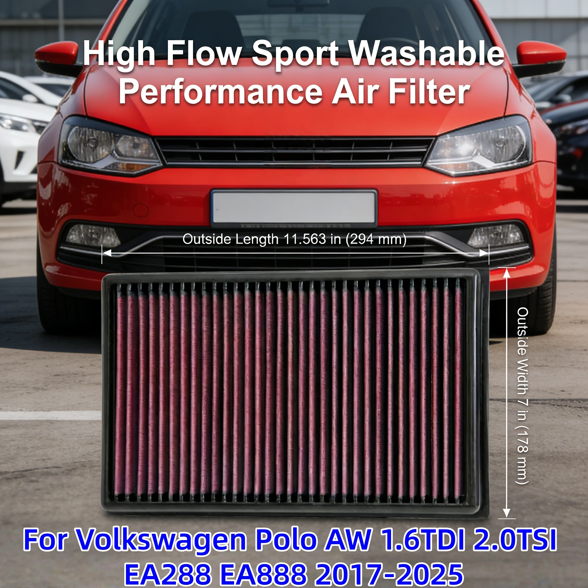 

High Flow Sport Washable Performance For Volkswagen Polo AW Air Filter 1.6TDI 2.0TSI EA288 EA888 2017-2025 33-3005 5Q0129620B