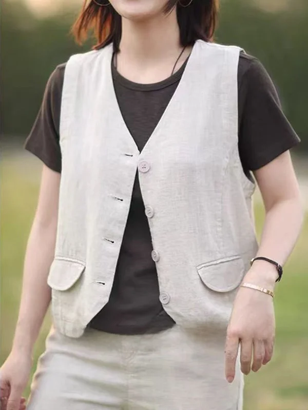 

l Simple Design Pure Color Cotton Linen V-ne Tank Top Large Size Women's Outerwear oulder Pad Vest Summer Faion