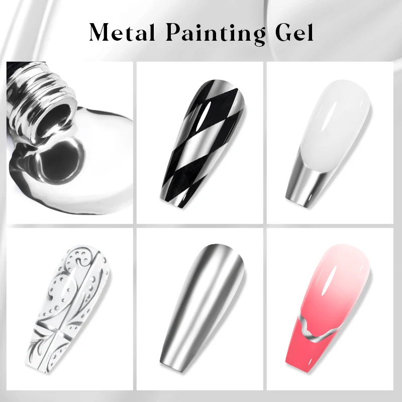 MEET ACROSS Metallic Silver Gel Nail Polish 7ML Semi Permanent UV Super Shine Mirror Chrome Draw Painting Gel Varnish Nail Art
