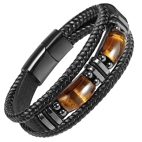 Tiger Eye Black Leather Bracelet Men Natural Gemstone Crystal Stone Jewelry Handmade Courage Protection Bracelet