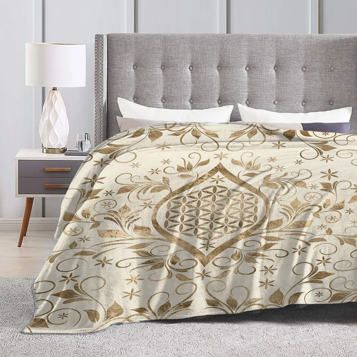 

Flower Of Life Pastel Gold Swirl Ornament Blanket Soft Warm Flannel Throw Blanket Plush for Living room Picnic Travel Home Sofa