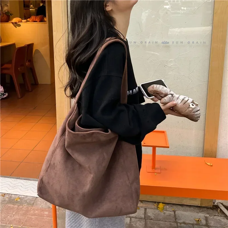 Large Capacity Faux Suede Shoulder Bags Simple Solid Versatile Commuting Bags for Women 2024 Casual Fashion High Quality Tote