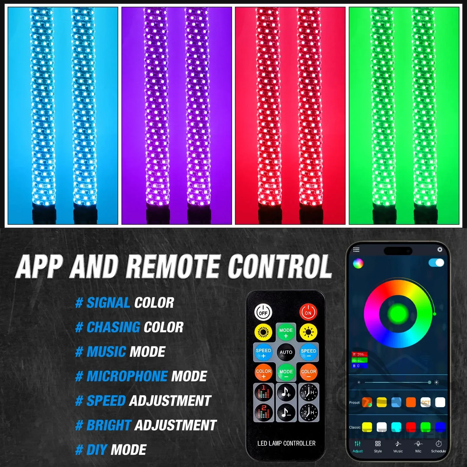 2 قطعة 3FT أضواء سوط الدهون مع التطبيق التحكم عن بعد LED مضاءة هوائي سوط مع وظيفة الفرامل دوامة RGB أضواء سوط سميكة