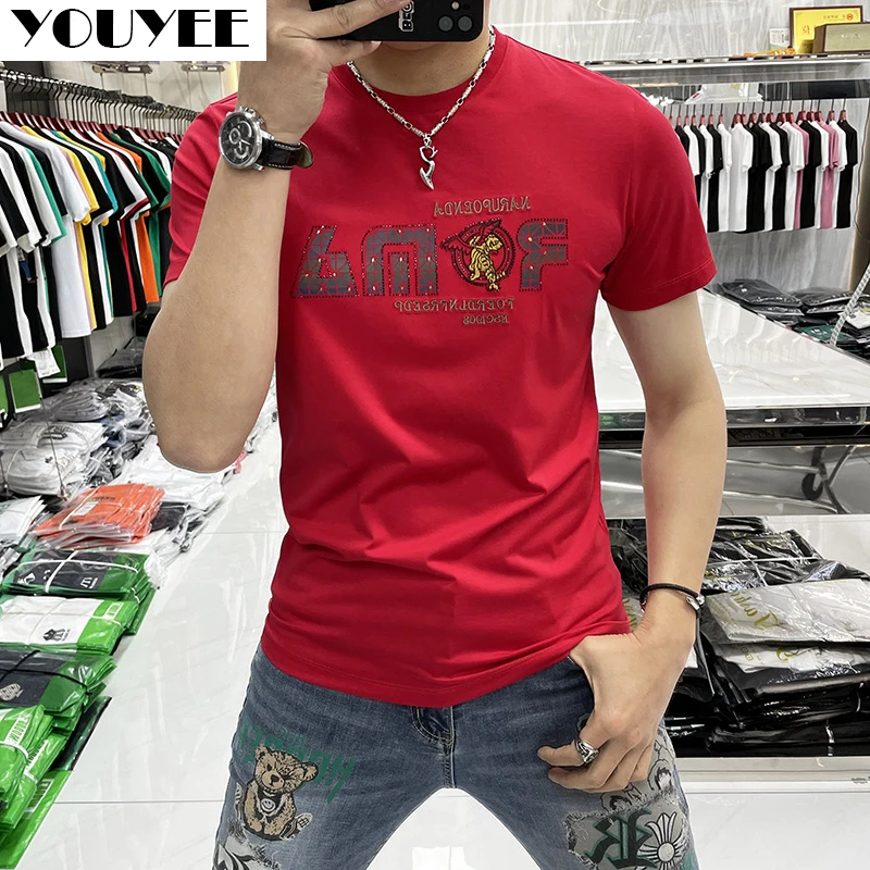 Short Sleeve T-shirt Men\'s Slim Casual Print Hot Diamond 2025 Summer New Fashion M-7XL Male Tees High Quality Man Top Clothing