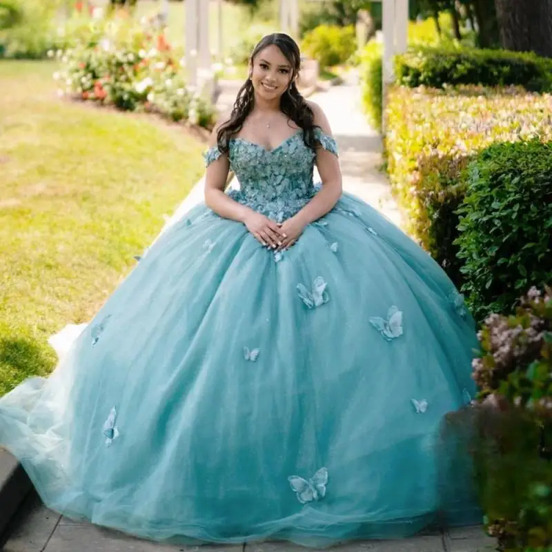 

Glitter Green Quinceanera Dress Ball Gown Butterfly Applique Beading Mexico Corset Sweet 16 Vestidos De 15 Años