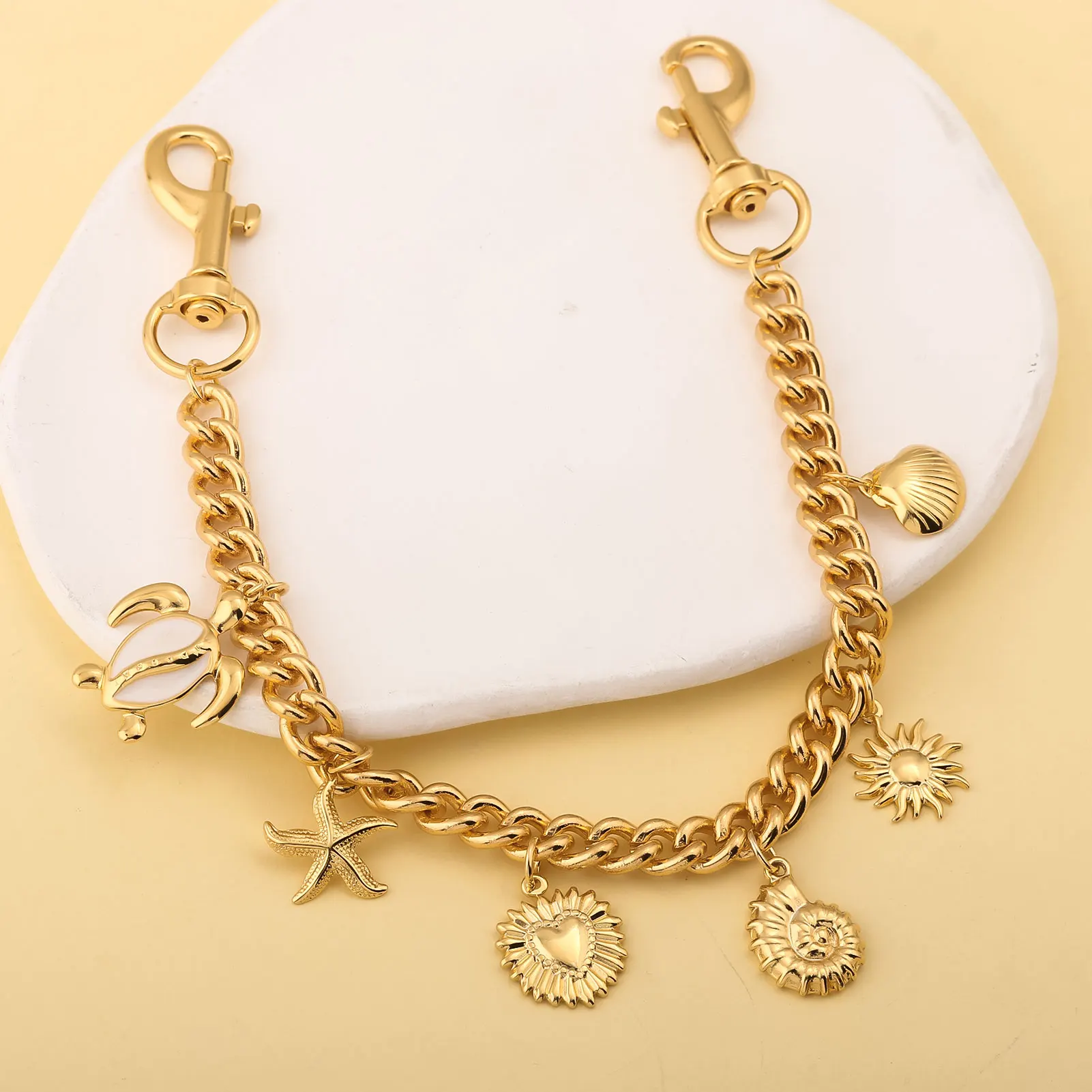 Summer Bohemian Starfish Shell Conch Turtle Pendant Bracelet Women Imitation Pearl Charm Chain Keychain Beach Jewelry Gift