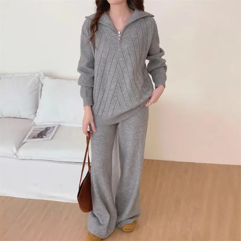 

Autumn and Winter New Semi-zipper Lapel Twist Sweater Women's Top Set Women Knitted Casual Wide-leg Pants Two-piece Set Fashion