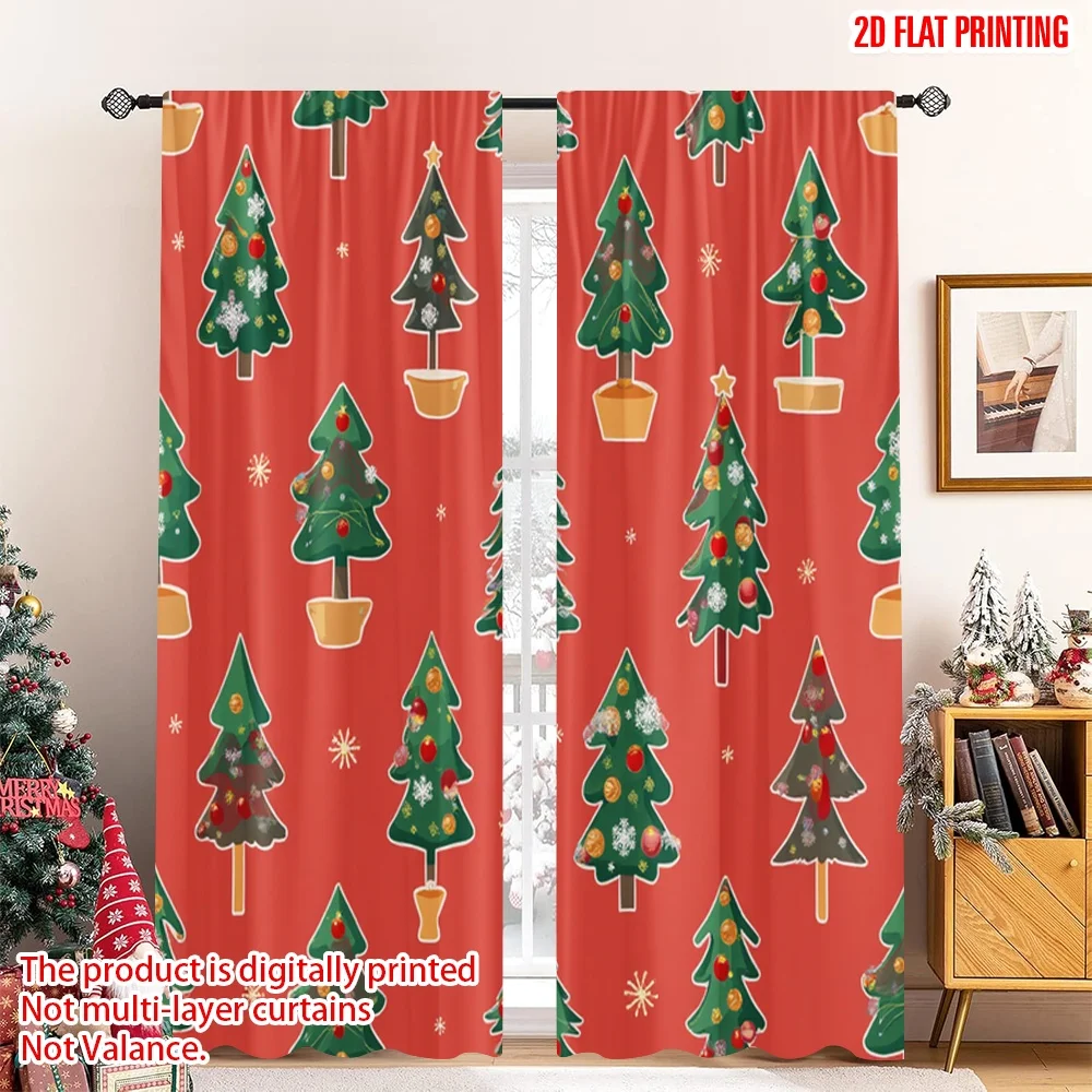 

2pcs 2D flat printing Christmas Window Curtains Christmas Tree Snowflakes Seamless Polyester Fabric Without Electricity Party &