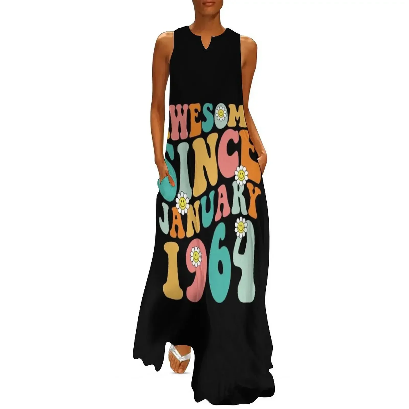 

Awesome Since January 1964 Made In 1964 Retro Groovy Birthday Long Dress dresses korean style Dress