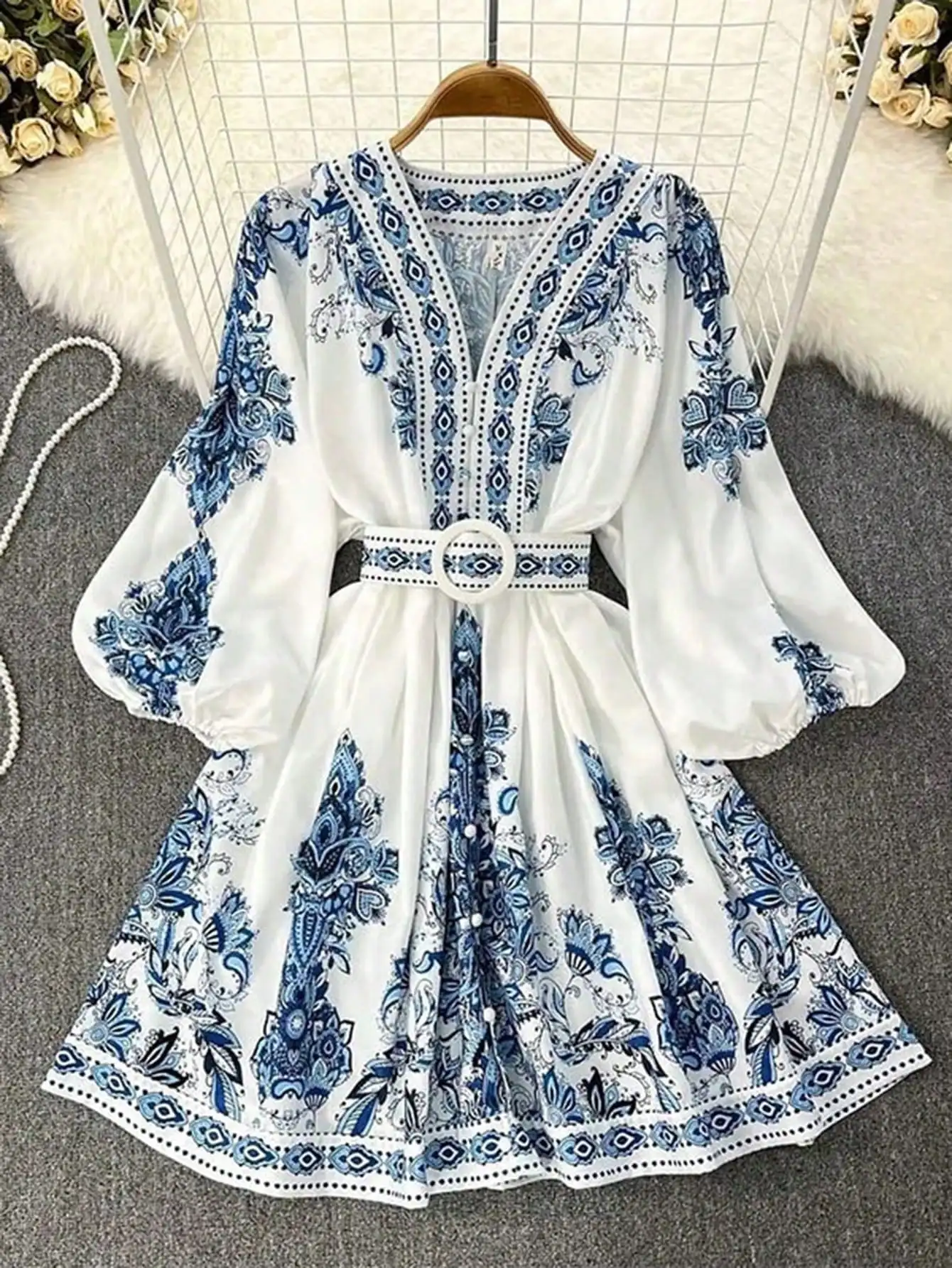 

Blue Floral Embroidered V-Neck Lantern Sleeve Dress with Belt