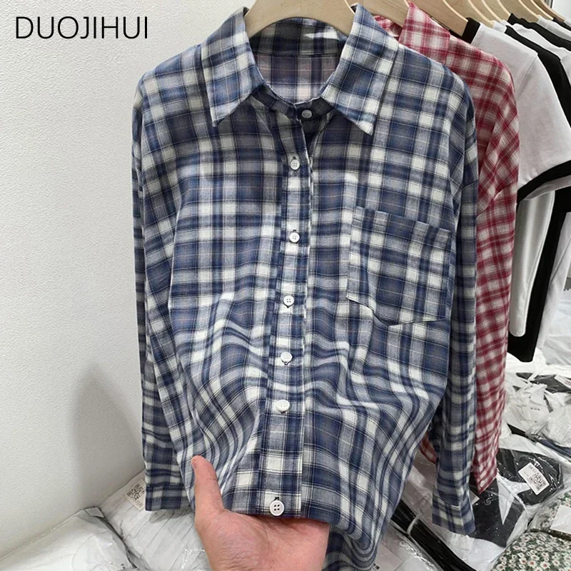 DUOJIHUI-camisa clásica Vintage a cuadros para mujer, camisa básica de manga larga, Simple, de un solo pecho, informal, con bolsillo, a la moda, de verano