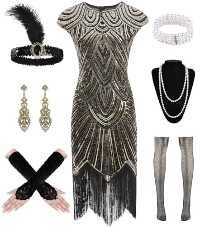 

1920s Women Flapper Gatsby Dresses with Accessories Set Sequined Vintage 20s Lace Fringed Cocktail Party Evening Dresses Vestido