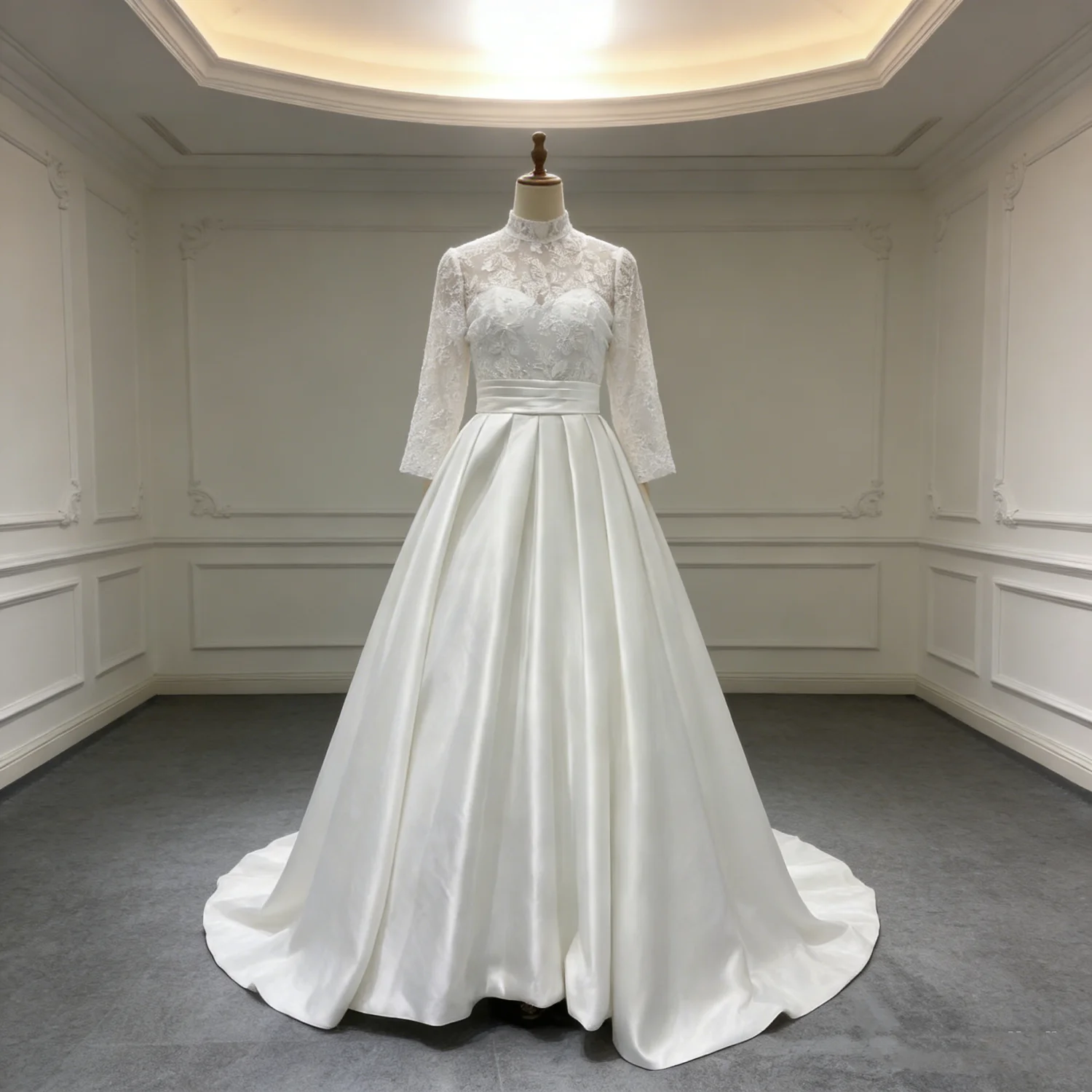 

Elegant Lace Satin Wedding Dresses Long Sleeve High Neck Covered Button A Line Bride Bridal Gown Robe De Soiree 2026 Customized