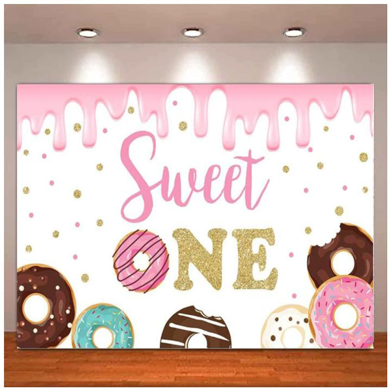 

Donut Sweet One 1st Happy Birthday Party Decoration Photo Studio Background Pink And Gold Girl Grow Up Photography Backdrop