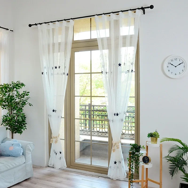 1 pçs, rosa bordado estrela sheer cortinas para o quarto das crianças, tratamento da janela malha tule cortinas sala de estar decoração