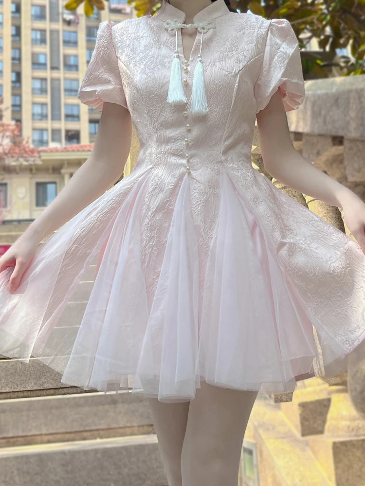 KIMOKOKM Summer Sweet Girly Tender Cheongsam Pink Dress Tassel Kawaii Princess A-Line Puff Sleeve Temperament Ruffles Mini Dress