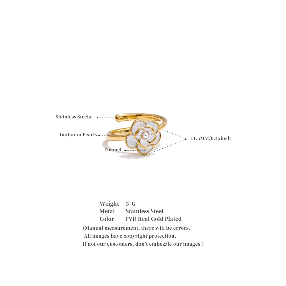 Yhpup Trendy Style Pearl Enamel Flower Adjustable Ring for Women Stainless Steel Gold Color Charm Jewelry Wholesale Gift