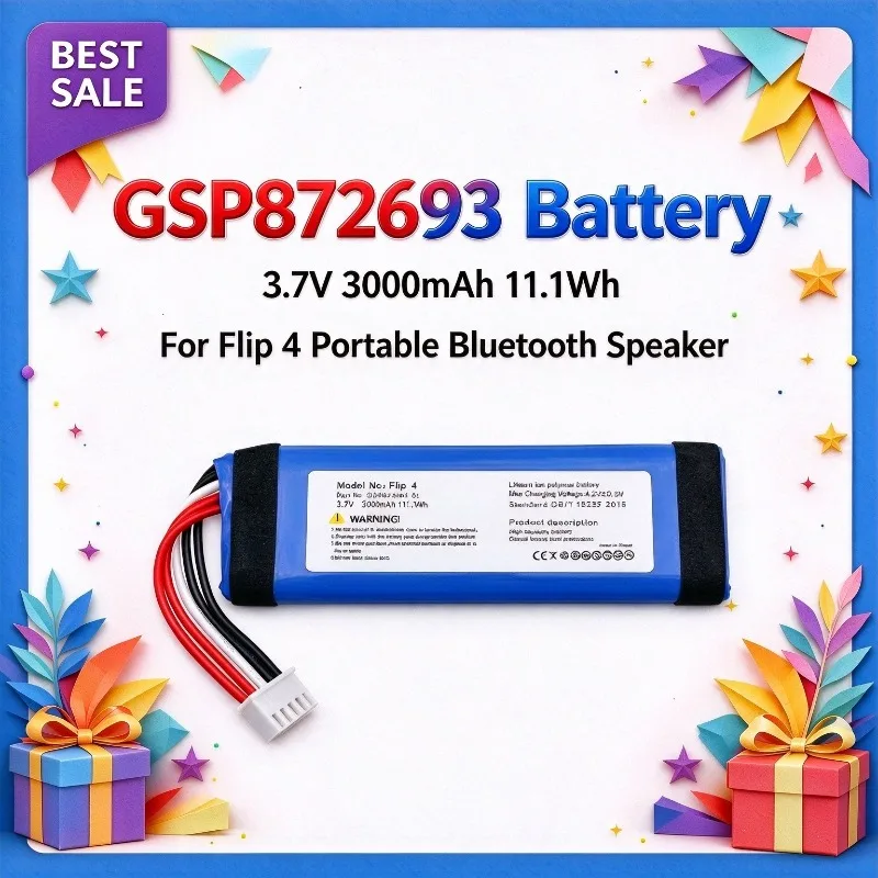 GSP872693 3.7V 3000mAh 11.1Wh High Capacity Replacement Li-Polymer Battery for JB L Flip 4 Portable Bluetooth Speaker Battery